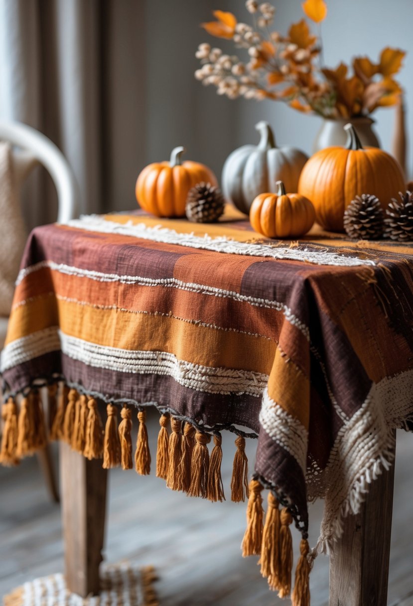 A wooden table with a boho fringe tablecloth in warm fall colors, decorated with small pumpkins, pinecones, and dried leaves.