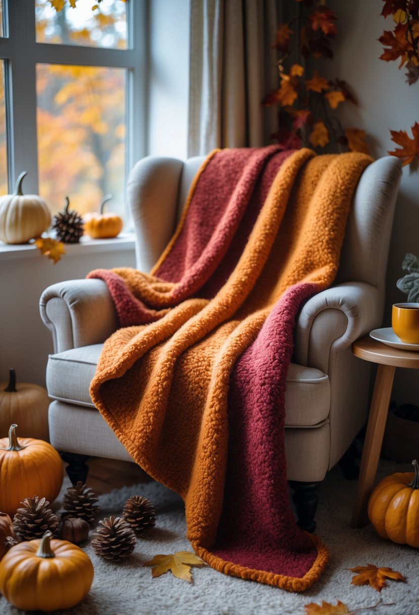 A cozy armchair with a soft autumn-colored blanket draped over it, surrounded by pumpkins, dried leaves, and a cup of tea on a wooden table near a window with fall foliage outside.