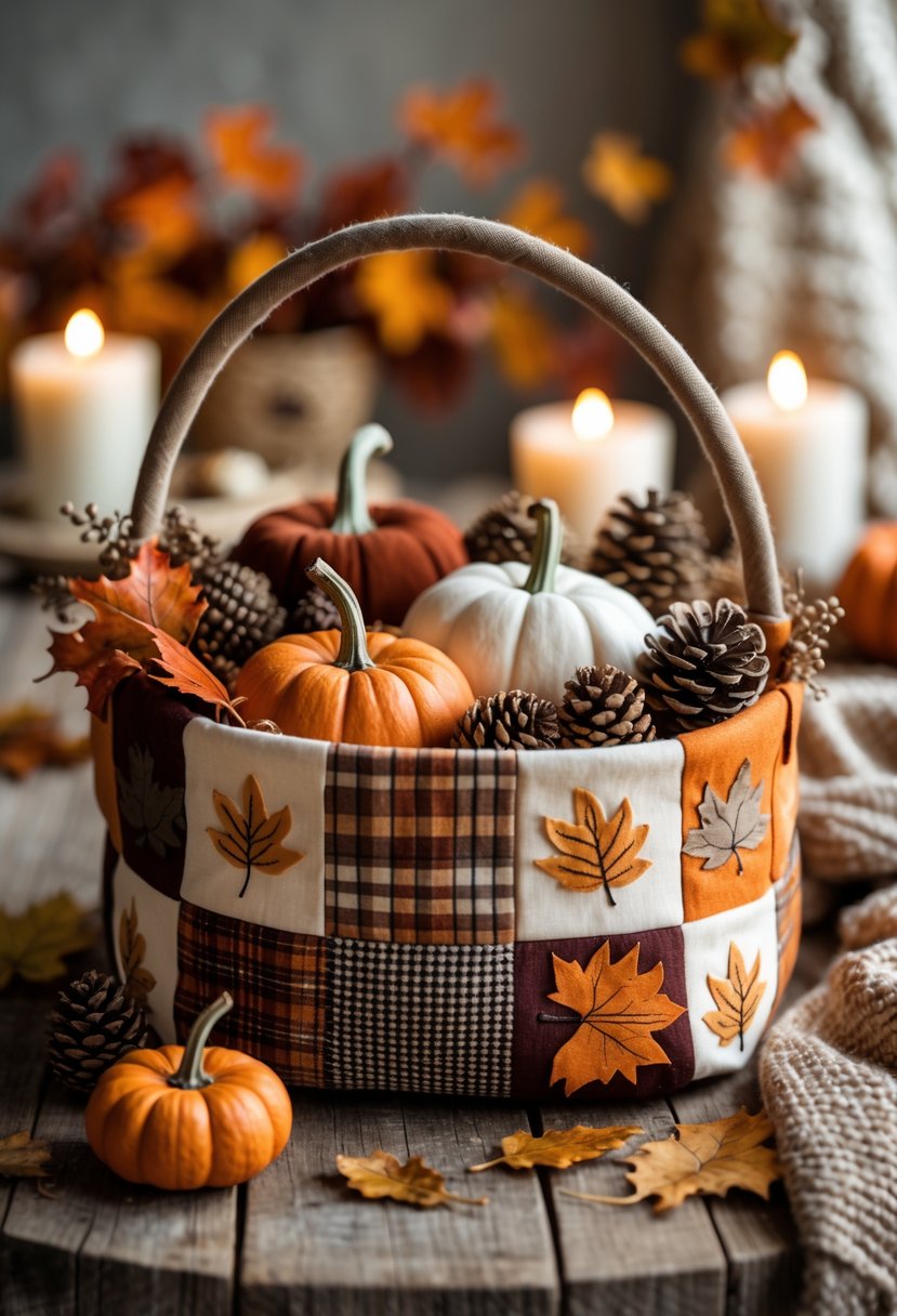 A sewn fabric basket filled with small pumpkins, pine cones, and dried leaves on a wooden table with autumn decorations in the background.
