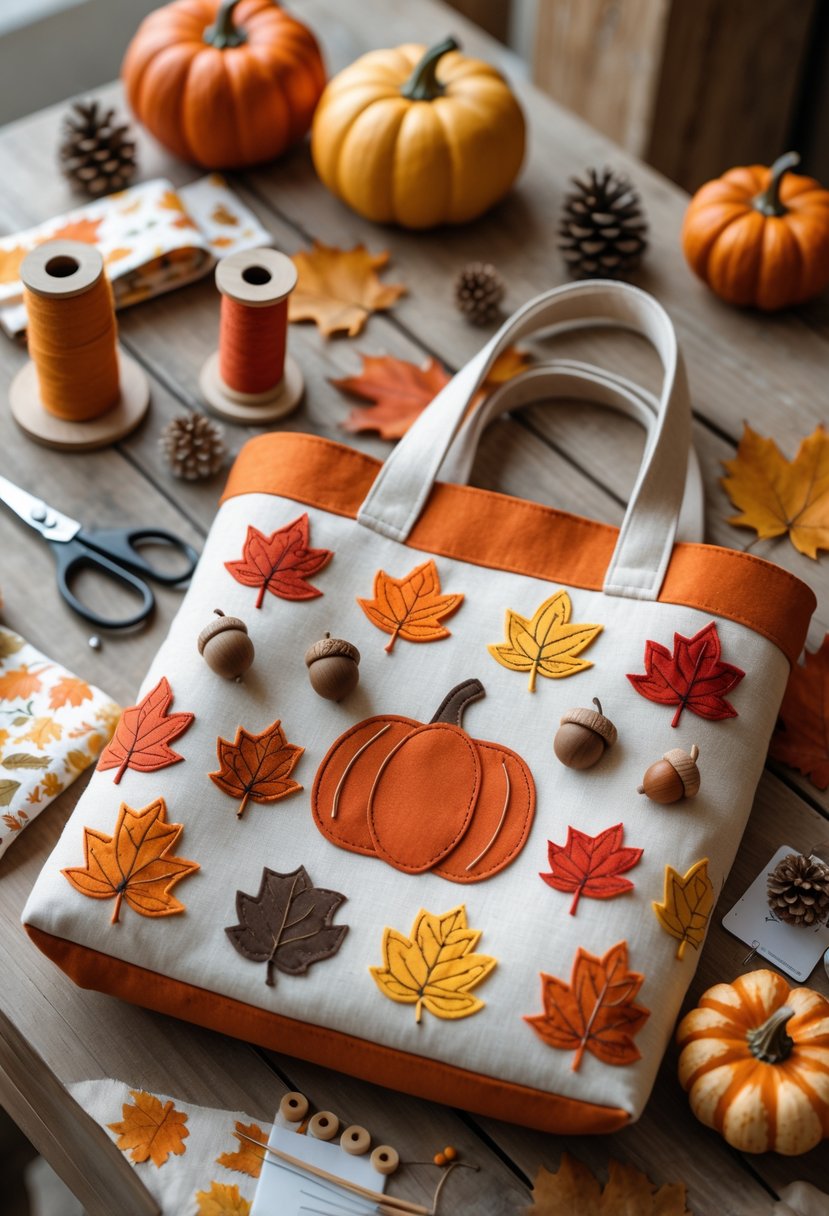 A fall-themed tote bag on a wooden table surrounded by sewing supplies and autumn decorations like pumpkins and leaves.