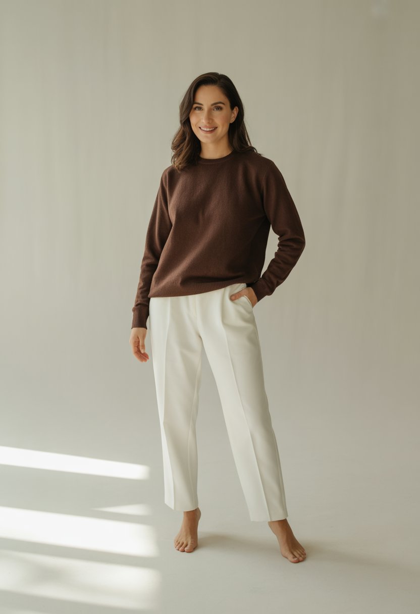 A woman standing against a neutral background wearing a brown sweater and white tapered pants.