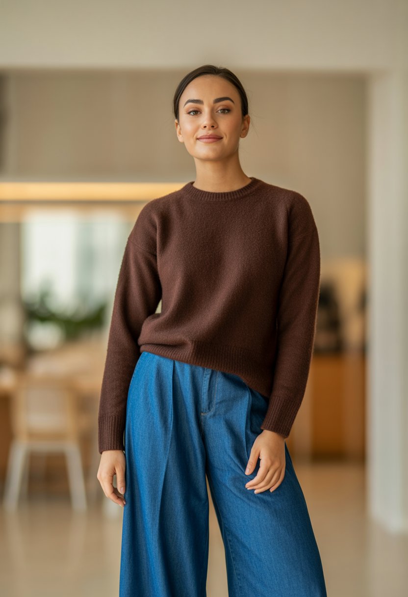 A young woman standing indoors wearing a brown sweater and denim wide-leg pants.