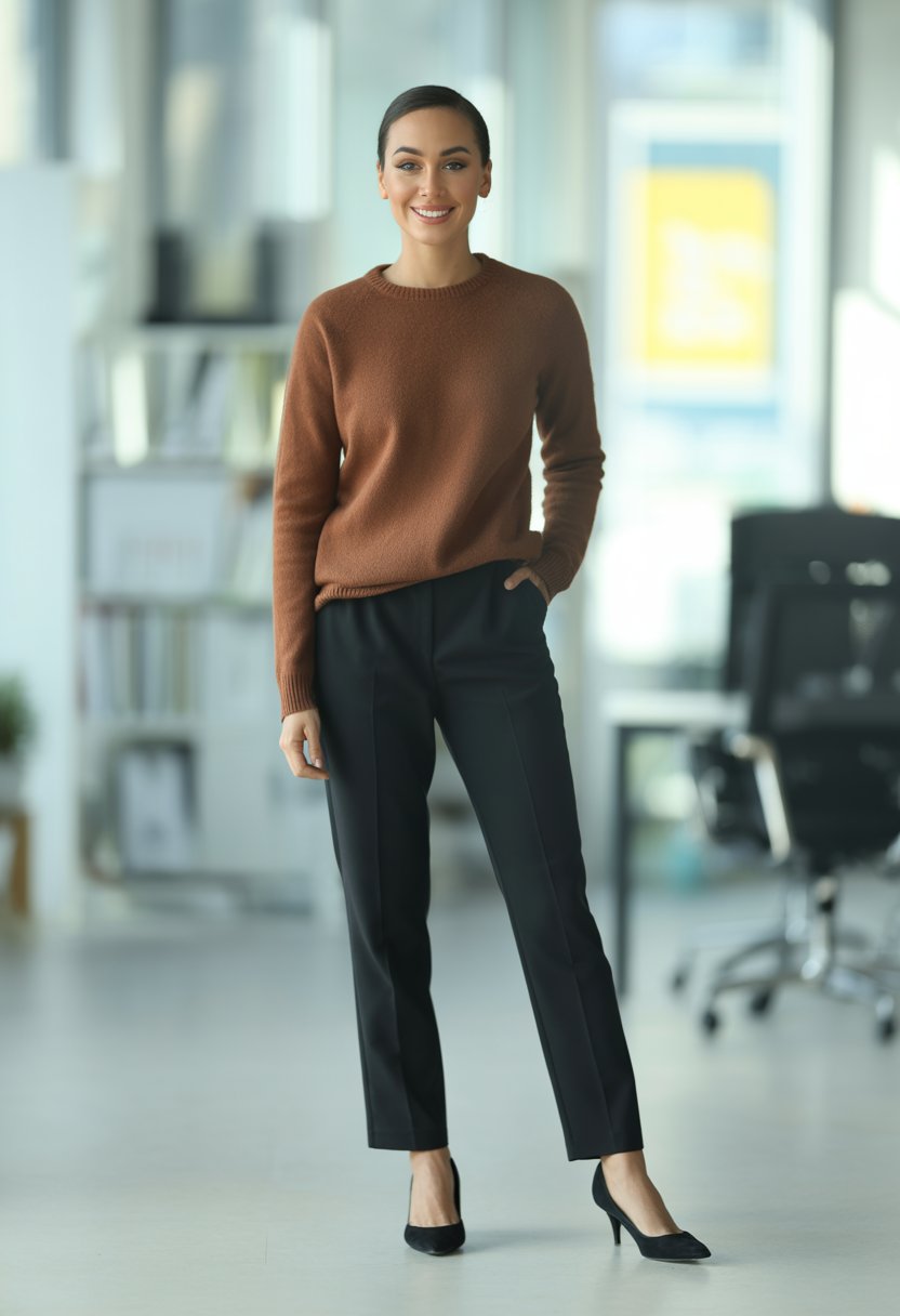 A woman standing in an office wearing a brown sweater, black trousers, and black kitten heels.