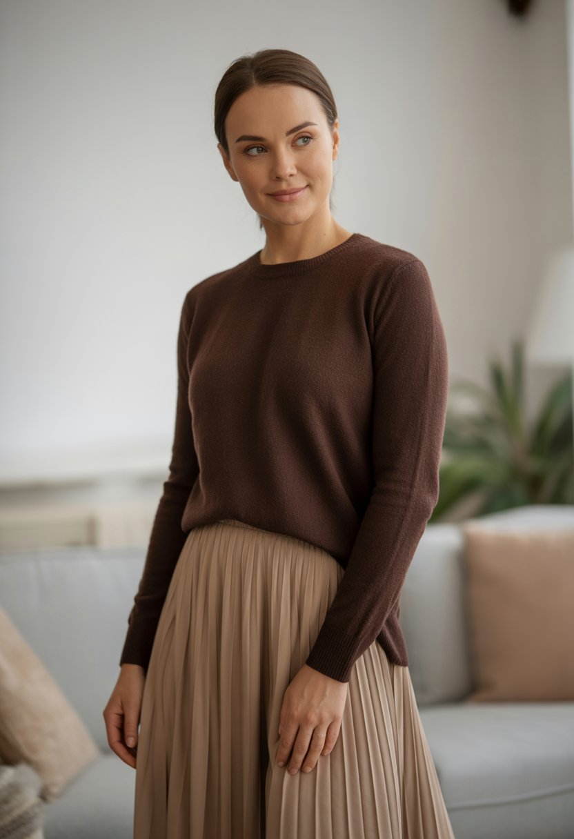 A woman wearing a brown sweater and a pleated midi skirt standing indoors with a neutral background.