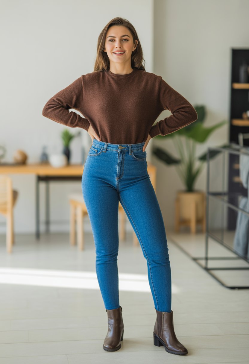 A woman standing indoors wearing a brown sweater, high-waisted jeans, and ankle boots.
