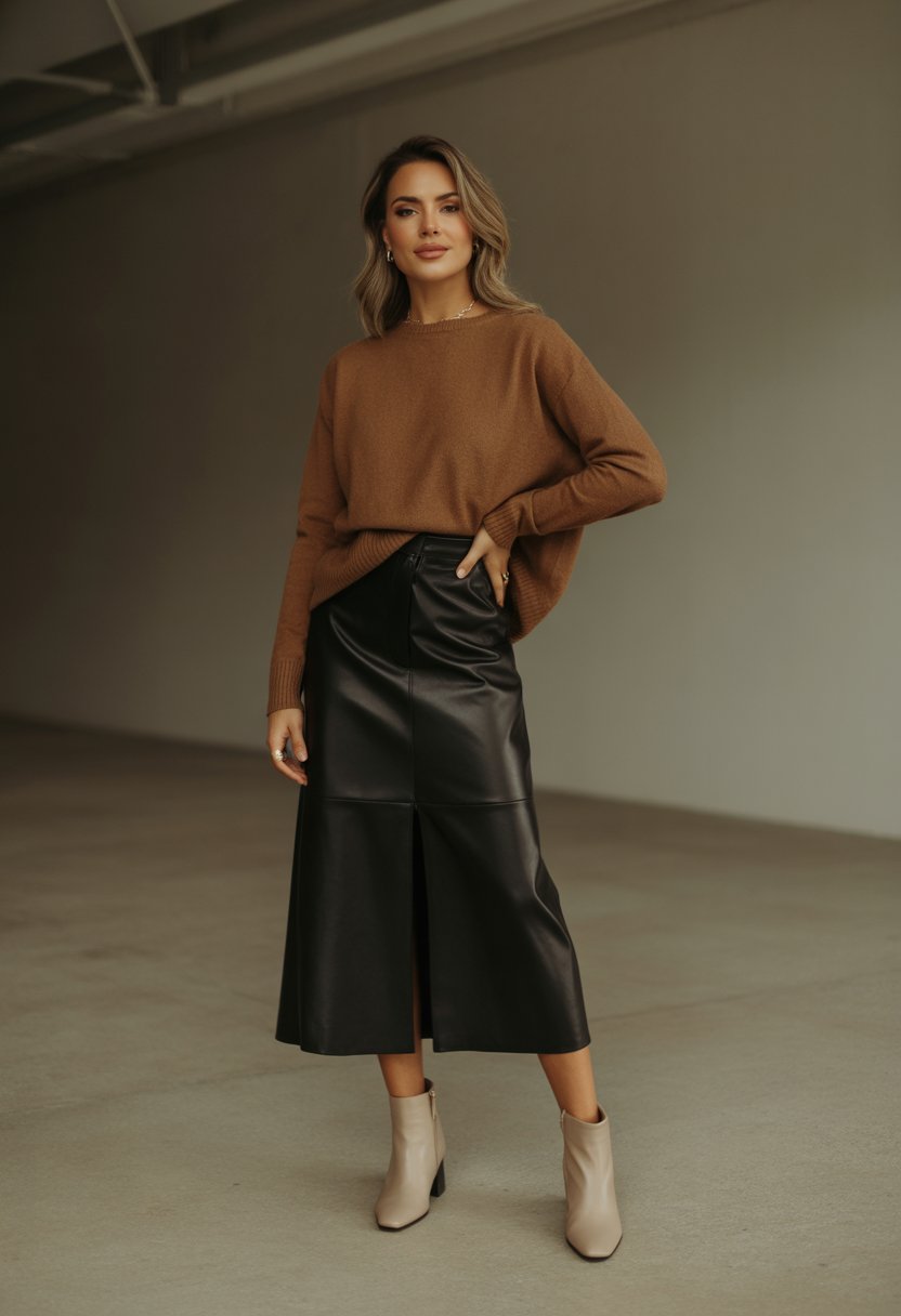A woman wearing a brown sweater tucked into a black leather skirt standing confidently against a plain background.