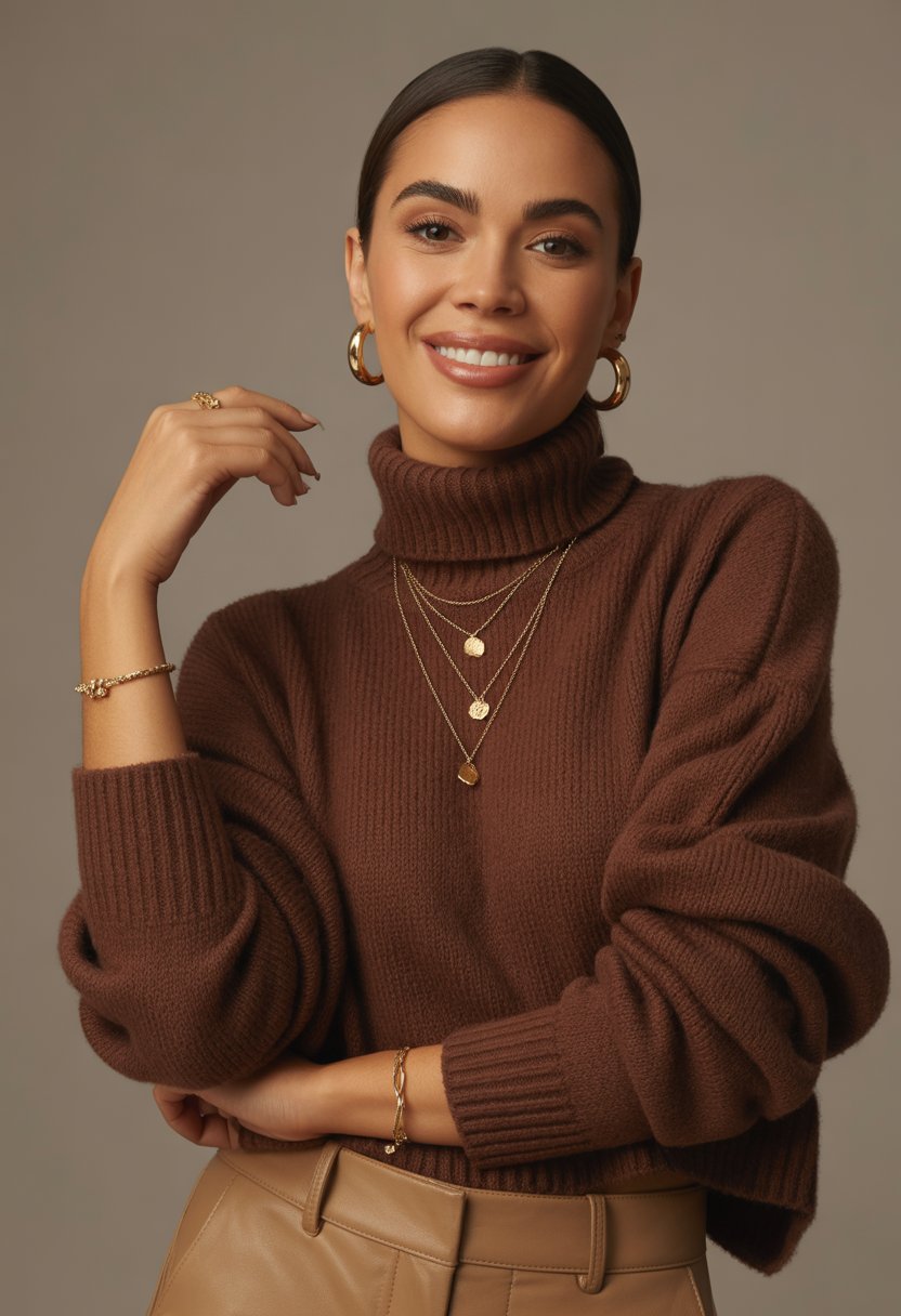A woman wearing a brown sweater with gold jewelry, standing against a plain background.