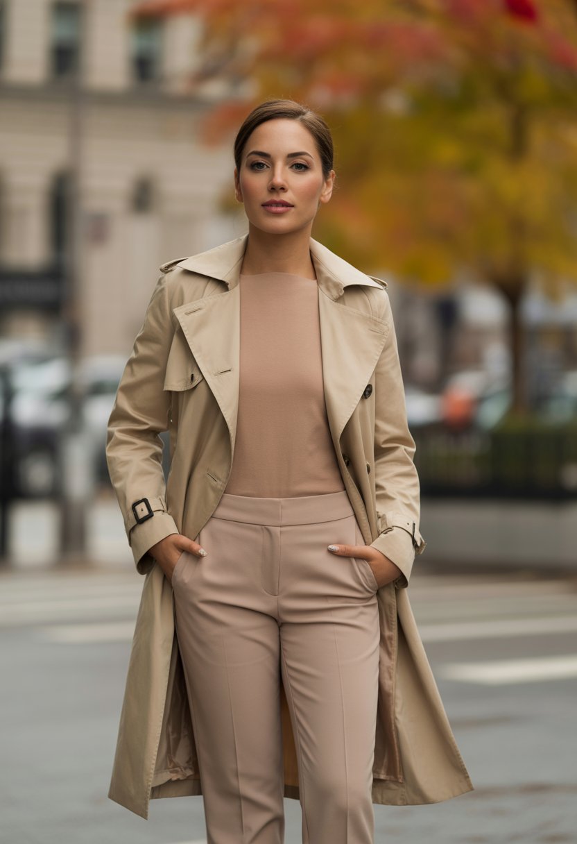 A woman wearing a beige trench coat and slim trousers stands confidently on a city street with fall-colored trees in the background.