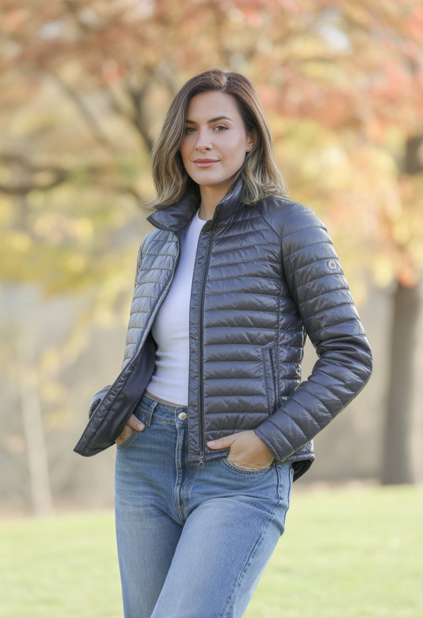A woman wearing a quilted jacket and high-waist jeans standing outdoors with autumn leaves in the background.