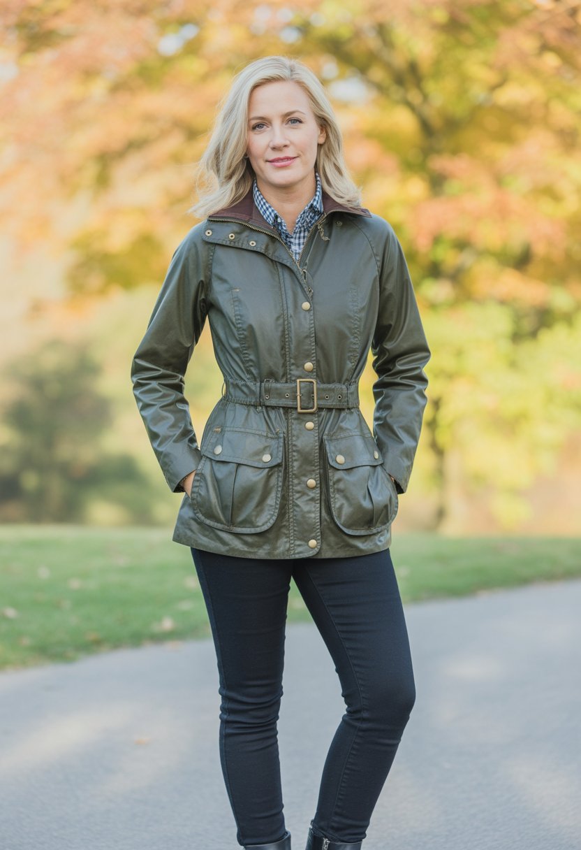 A woman wearing a green waxed jacket and black skinny pants stands on a path surrounded by autumn trees with orange and yellow leaves.