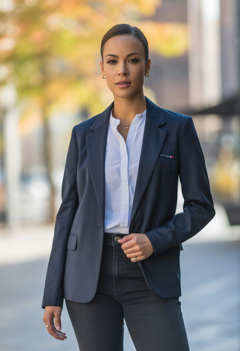 A woman wearing a navy blazer over a white shirt and dark jeans stands outdoors with autumn leaves in the background.