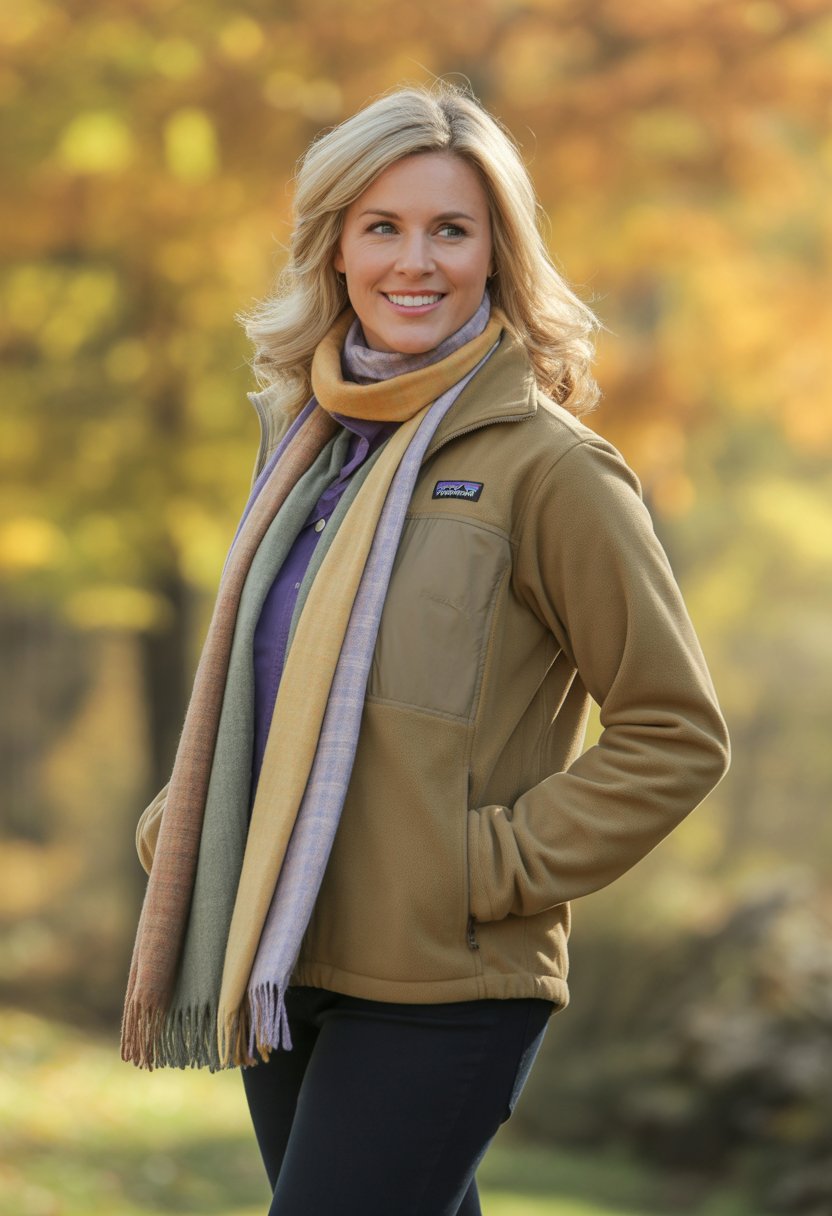 A woman outdoors wearing a fleece jacket and layered scarves with autumn trees in the background.
