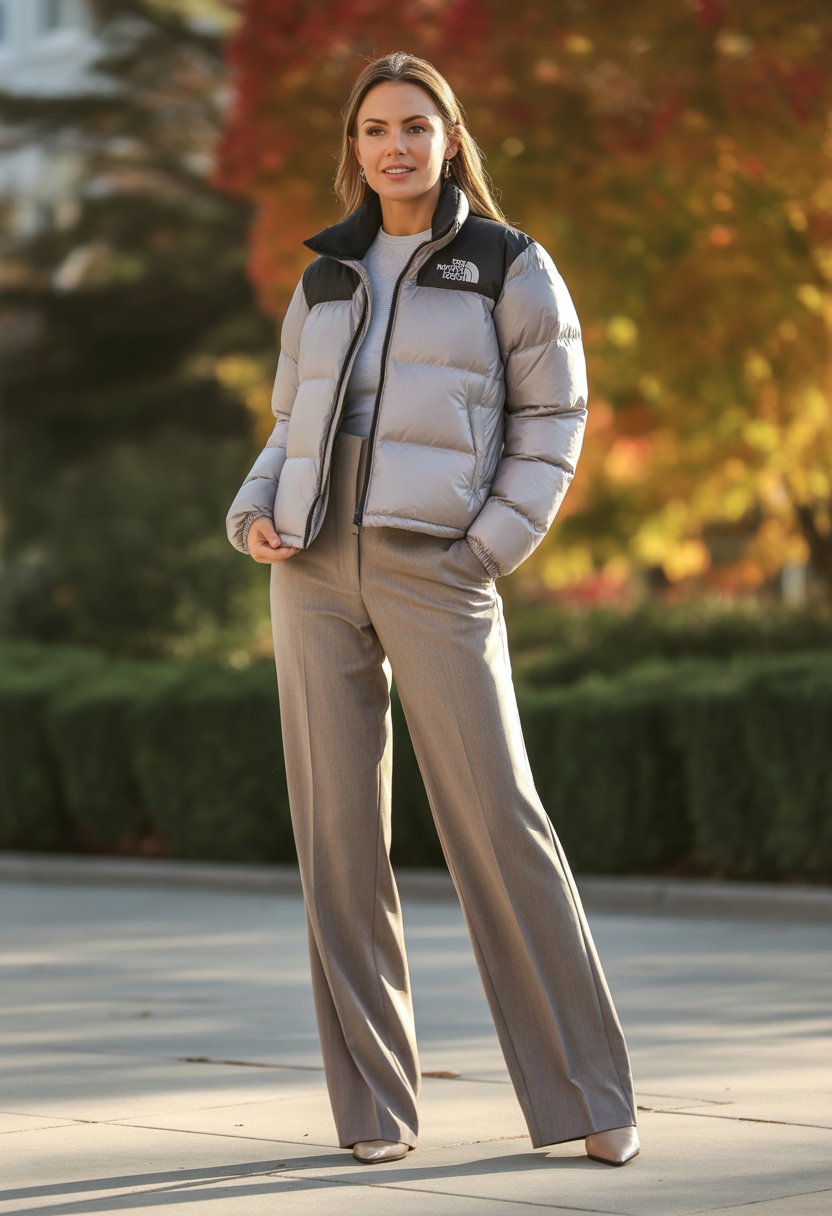 A woman standing outdoors in fall wearing a puffer jacket and tailored trousers with autumn leaves in the background.