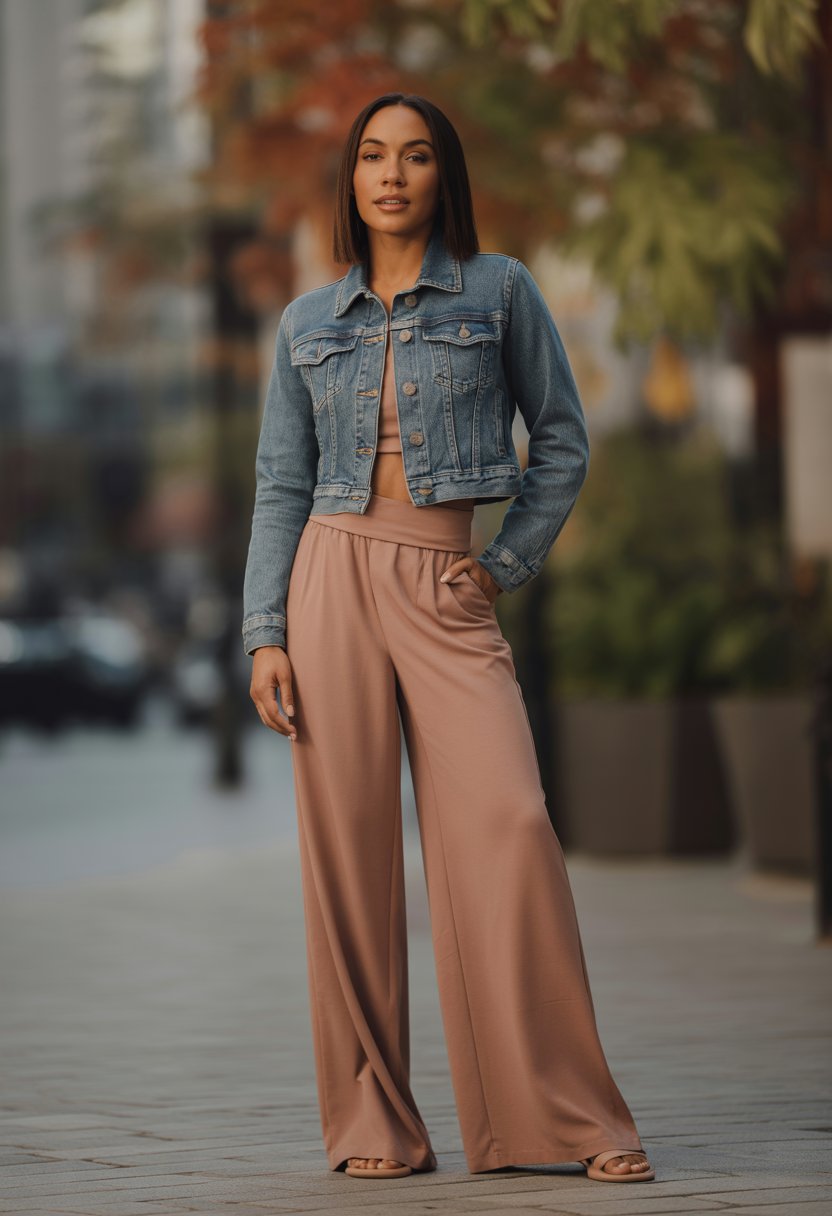 A woman standing outdoors wearing a cropped denim jacket and wide-leg pants with a blurred city background.