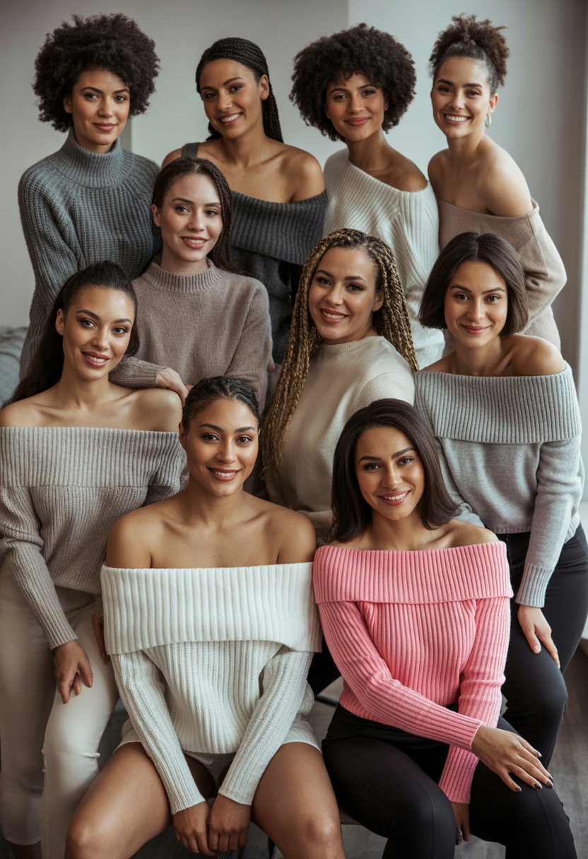 A group of Black women wearing different off-the-shoulder sweaters posing together in a bright studio.