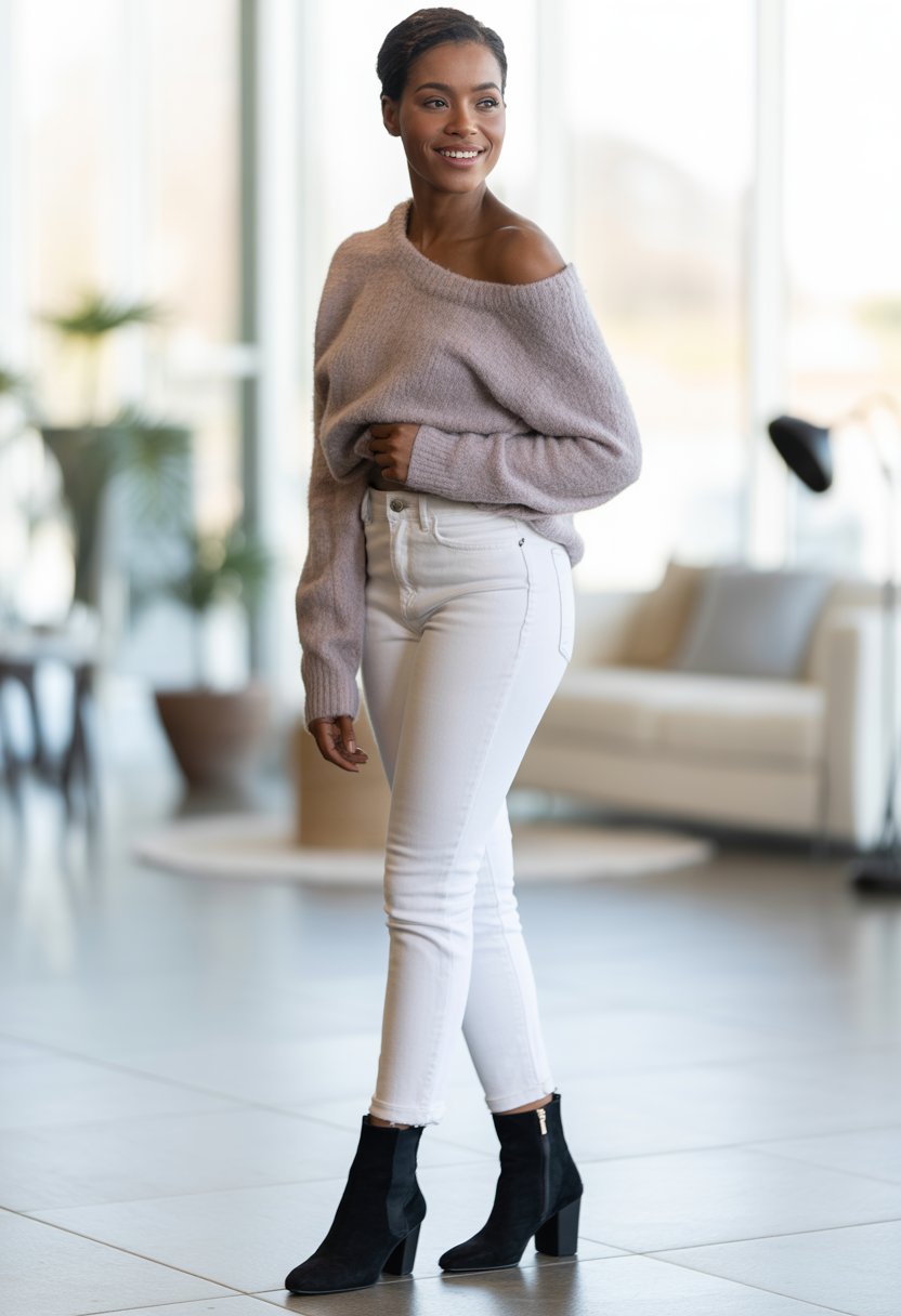 A Black woman standing indoors wearing a sweater, white jeans, and black ankle boots, smiling gently with a blurred modern background.