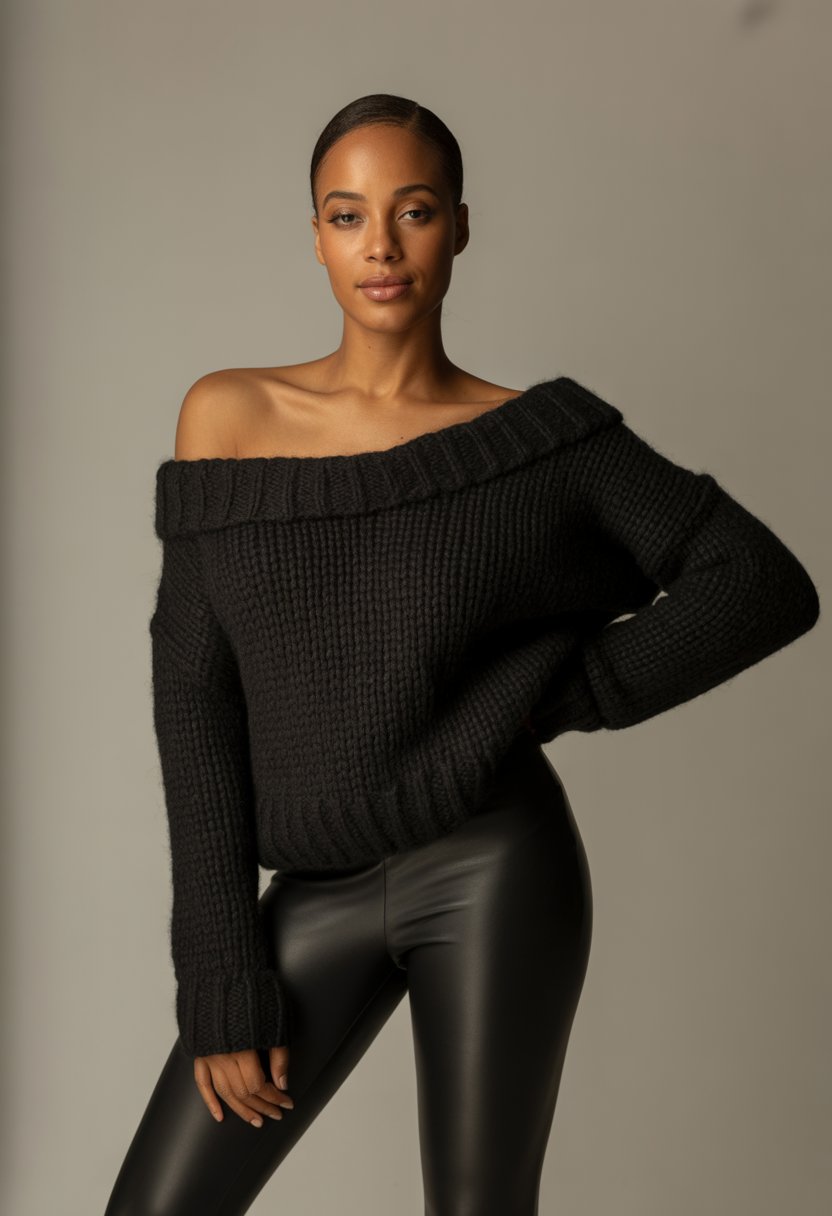 A Black woman wearing a black off-the-shoulder knit sweater and black leather leggings standing against a plain background.