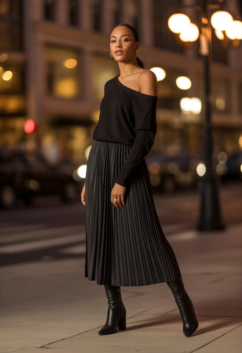 A Black woman standing outdoors in the evening, wearing an off-the-shoulder sweater, pleated midi skirt, and heeled boots.