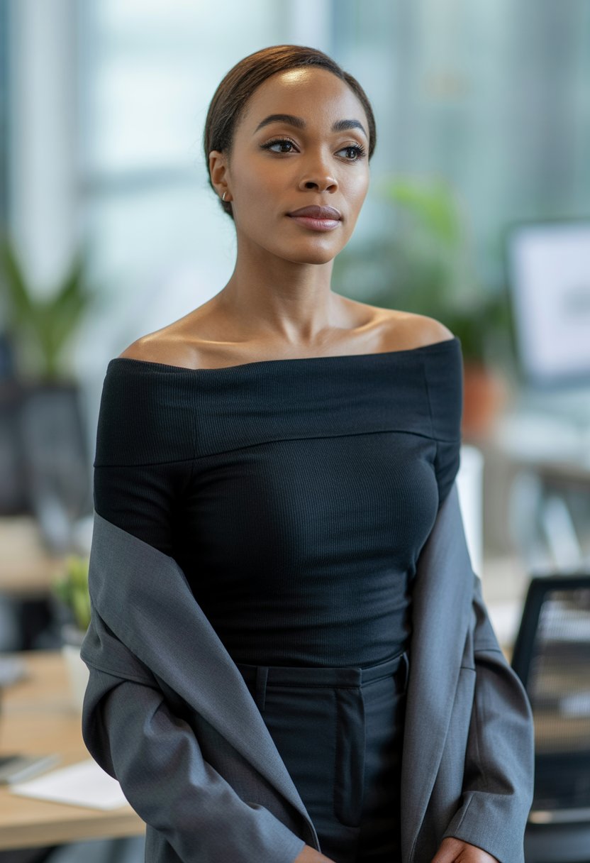 A Black woman wearing a fitted black off-the-shoulder sweater under a blazer in an office setting.