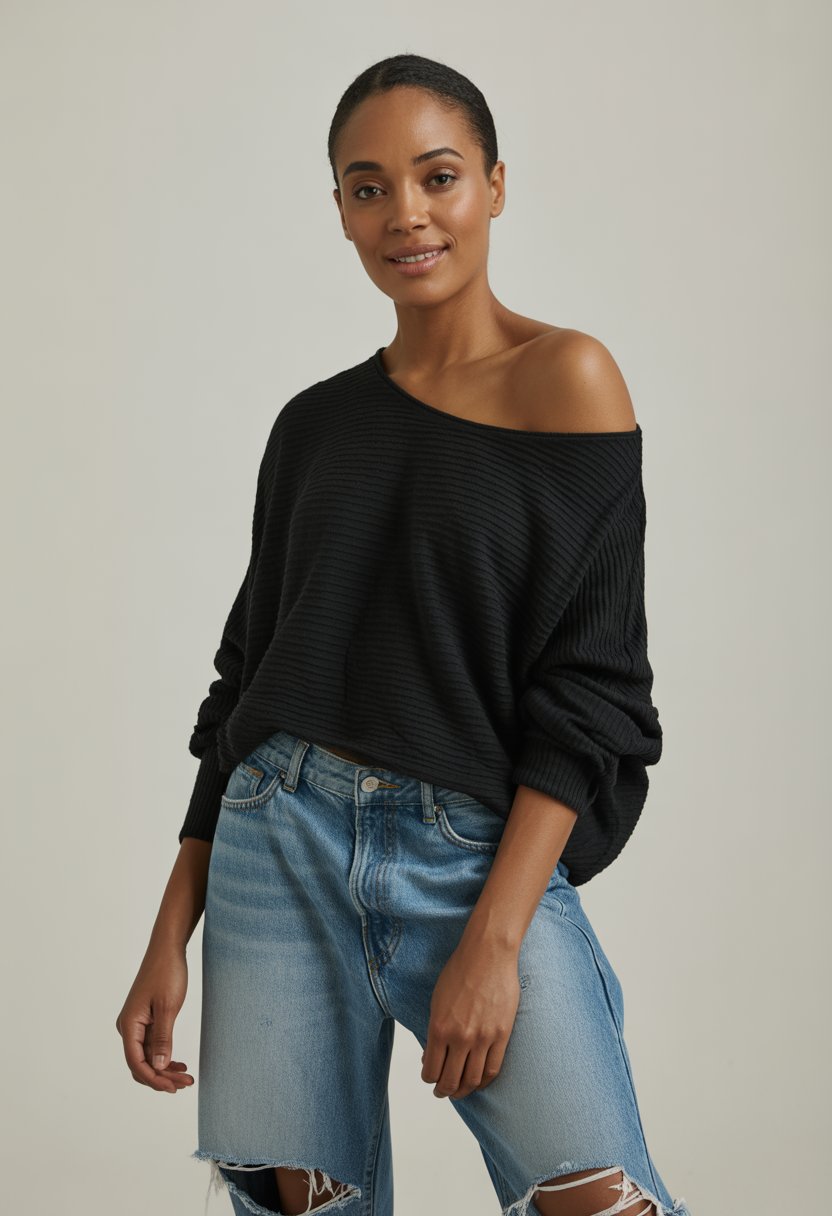 Black woman wearing a loose off-the-shoulder black sweater and distressed boyfriend jeans standing against a neutral background.