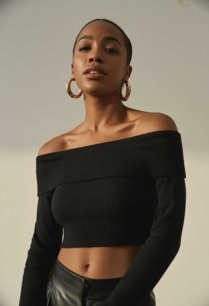 A Black woman wearing a cropped black off-the-shoulder sweater and large hoop earrings, looking confident against a neutral background.