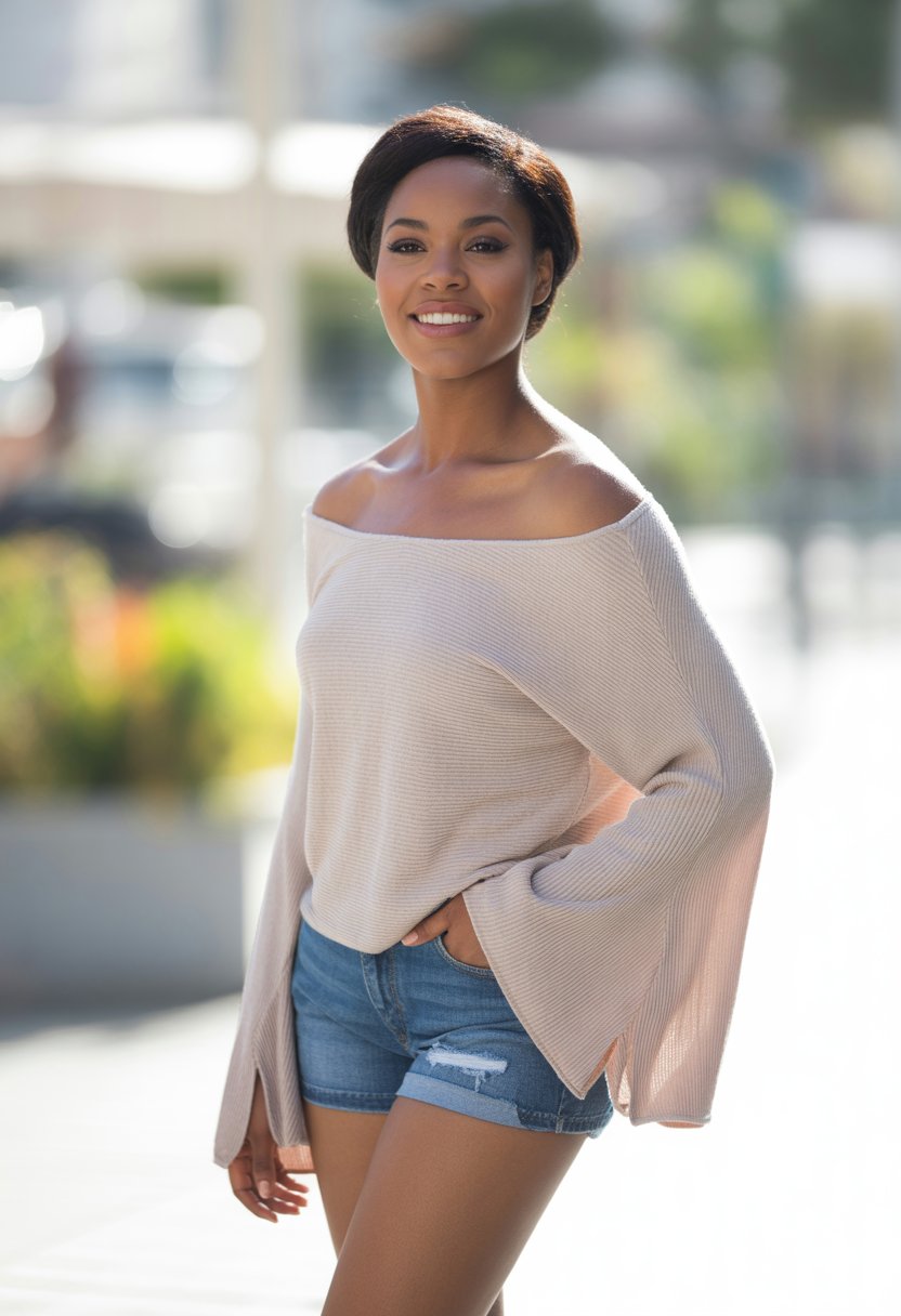 A Black woman standing outdoors wearing an off-the-shoulder sweater and denim shorts on a sunny day.
