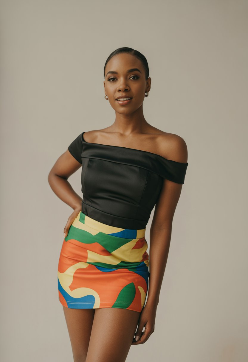 A Black woman standing wearing a black off-the-shoulder top and a bright printed skirt against a plain background.