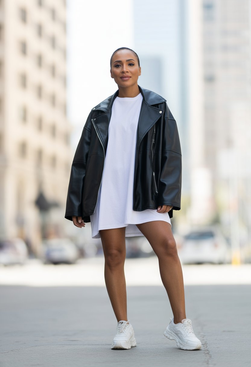 A Black woman standing outdoors in a city wearing a leather jacket, white dress, and sneakers.
