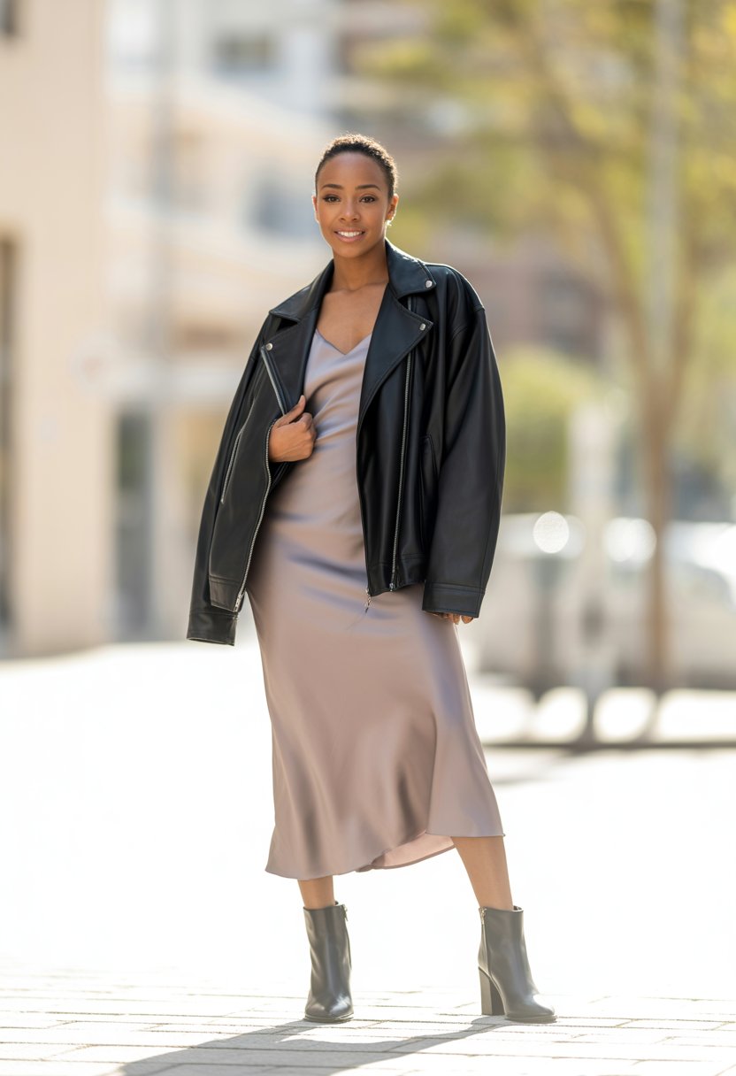 A Black woman standing outdoors wearing a large leather jacket over a midi dress and heeled boots.