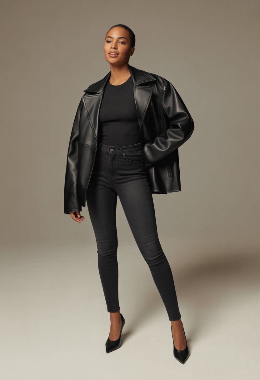 A Black woman standing and wearing an oversized leather jacket over a black outfit with skinny jeans and pointed-toe shoes.