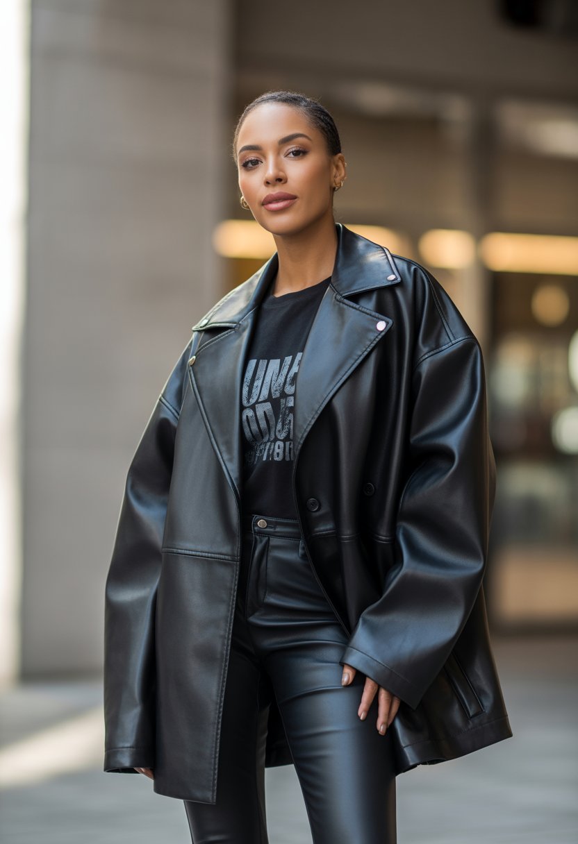 A Black woman standing outdoors wearing an oversized leather jacket, graphic tee, and leather pants.