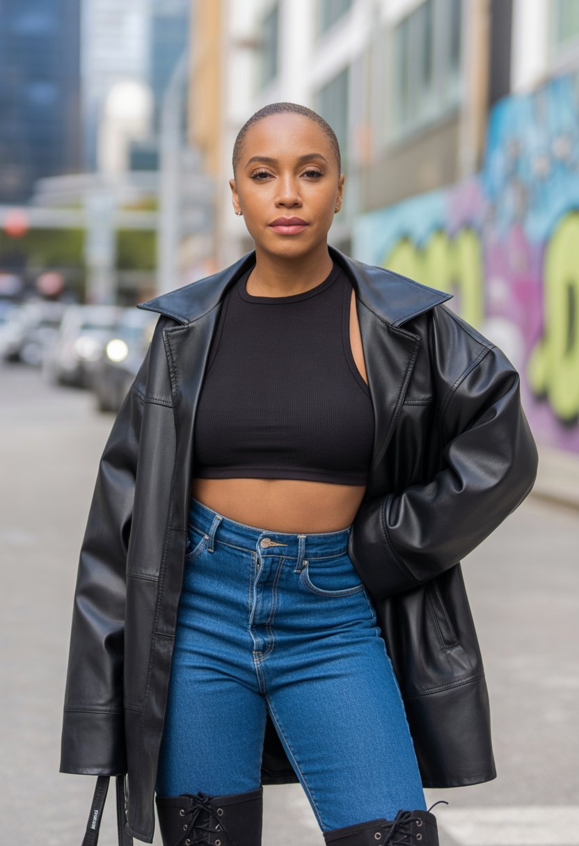 A Black woman stands on a city street wearing a black leather jacket, black crop top, high-rise jeans, and combat boots.