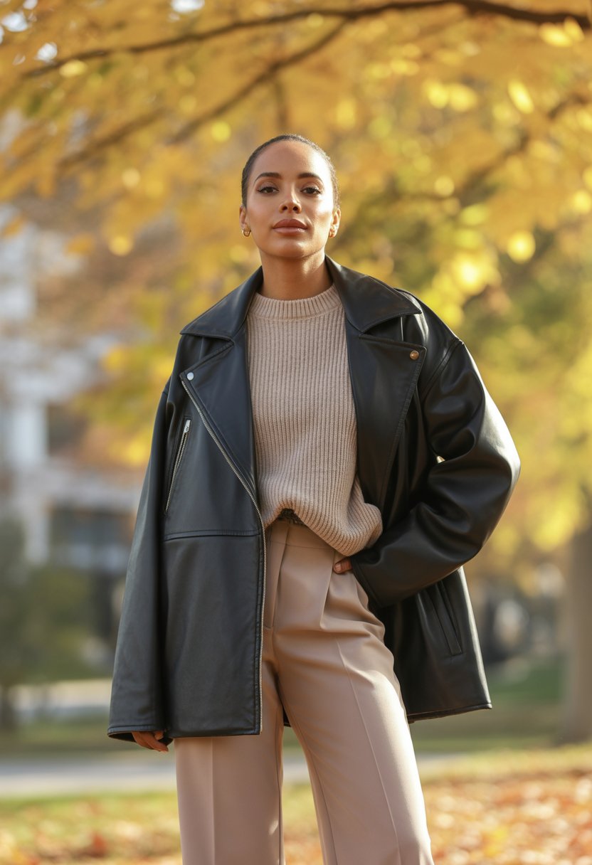 A Black woman standing outdoors in fall wearing a leather jacket, knitwear, and trousers with autumn leaves in the background.