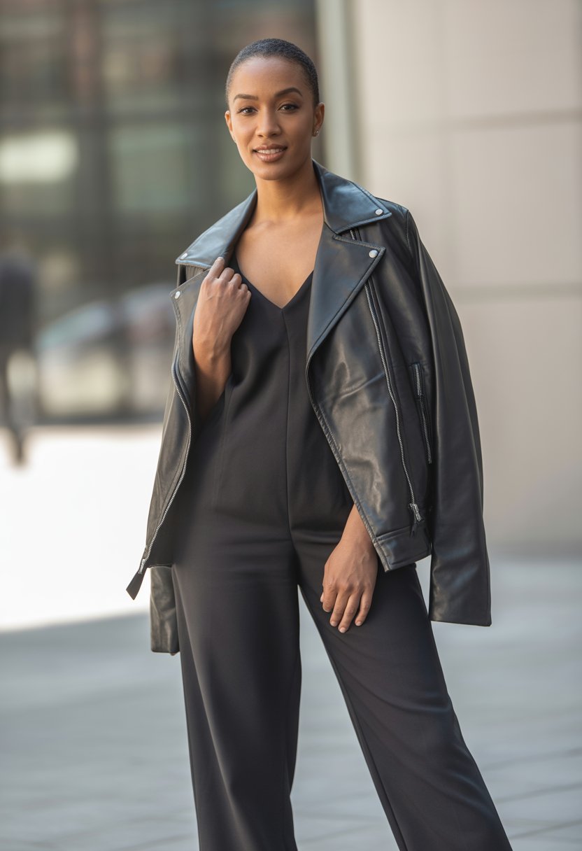 A Black woman standing outdoors wearing an oversized leather jacket over a jumpsuit and ankle boots.