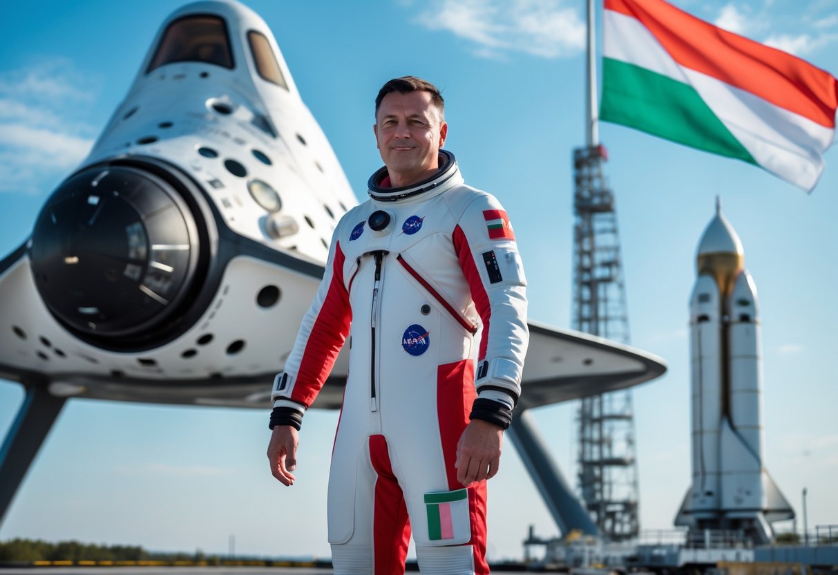 A Hungarian astronaut in a space suit stands confidently near a spacecraft on a launchpad with a Hungarian flag nearby and a clear sky in the background.