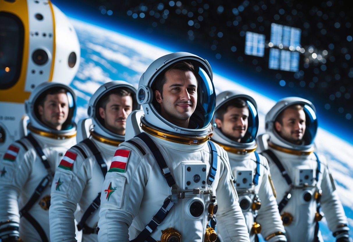 A group of Hungarian astronauts in space suits standing in front of a spacecraft with Earth and stars visible in the background.