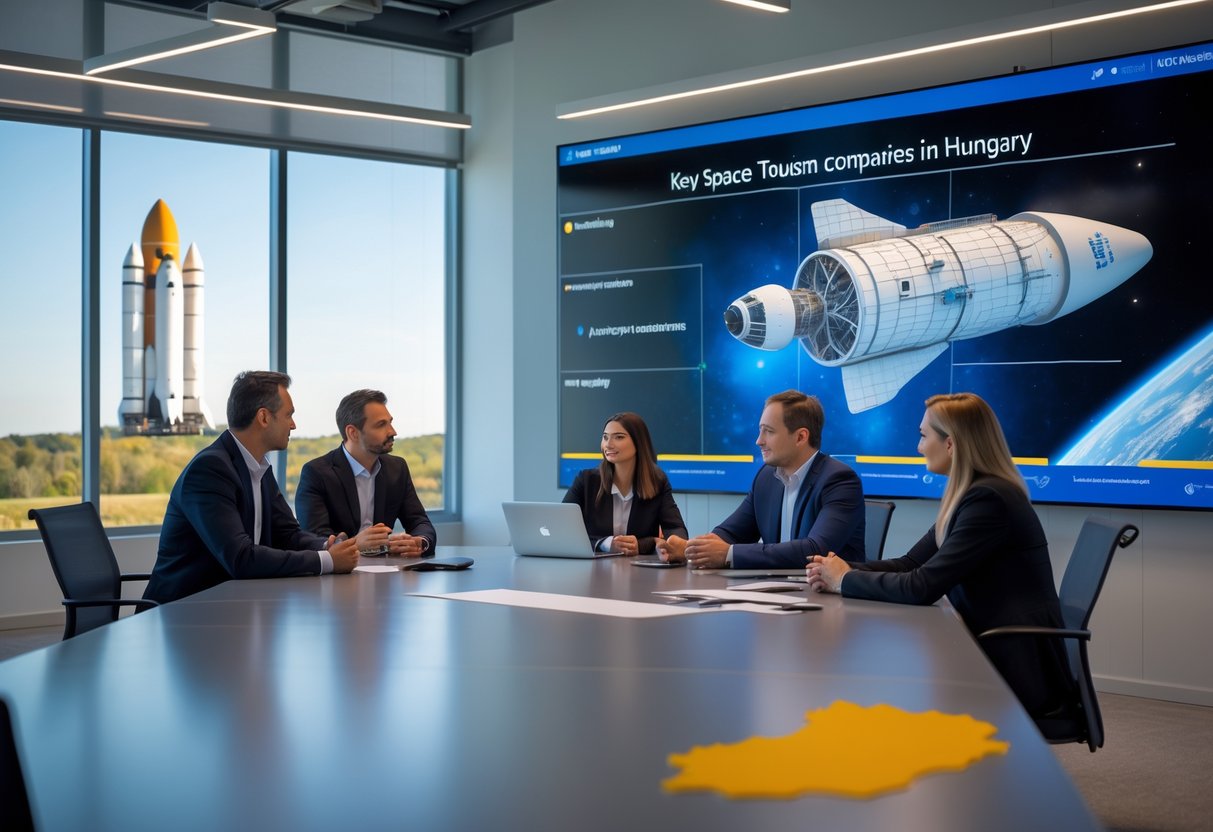 Professionals collaborating in a modern office with a digital spacecraft model and a map of Hungary, with a rocket launch pad visible outside large windows.