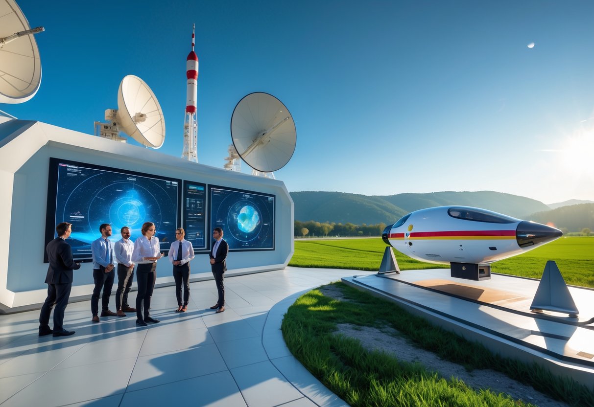 Scientists and engineers at a Hungarian space research facility with a futuristic spacecraft on a launchpad in a green countryside setting, with mountains in the background.