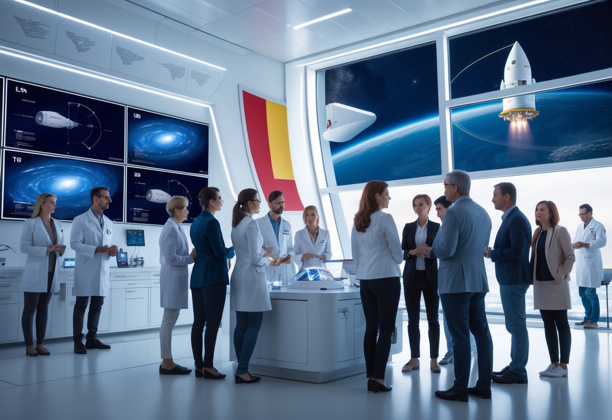 Scientists and space tourists in a modern research center examining spacecraft models with a starry sky and spacecraft launch visible outside.