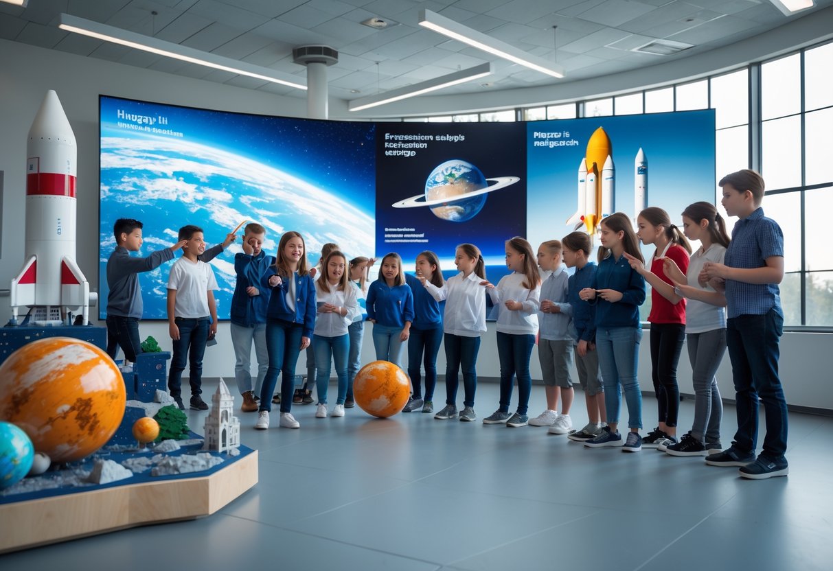 A group of young students and educators engaged in space education activities with models and digital displays about space tourism in a bright classroom.