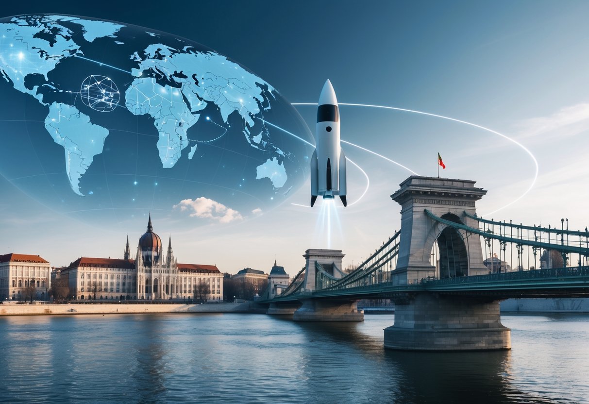 A Hungarian cityscape with a futuristic space tourism rocket ascending in the sky above, symbolizing Hungary's role in space tourism.