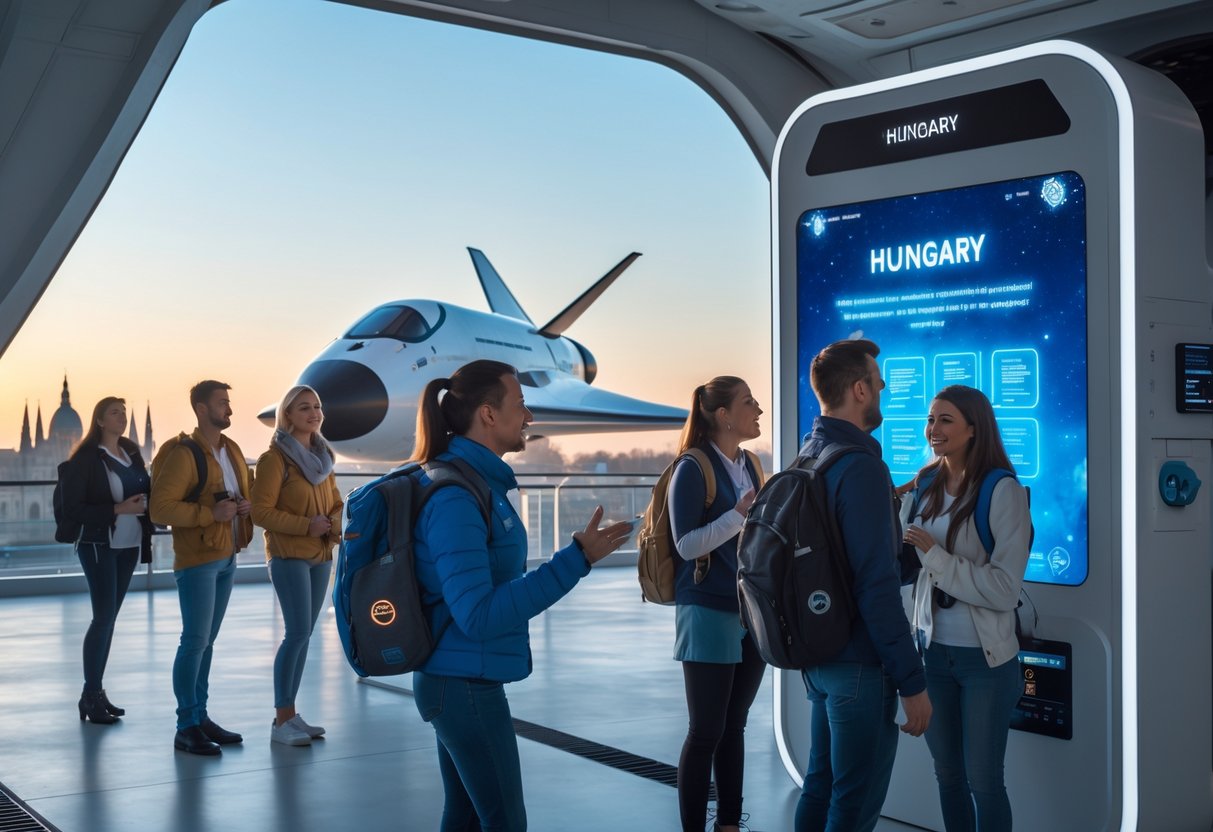 Tourists at a futuristic spaceport near Hungarian landmarks preparing for a space tourism journey.