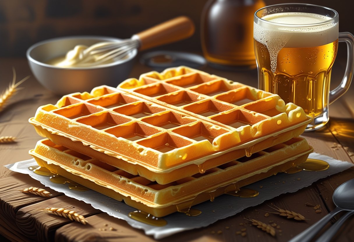 Une gaufre dorée croustillante à côté d'un verre de bière sur une table en bois avec des ustensiles de cuisine en arrière-plan.