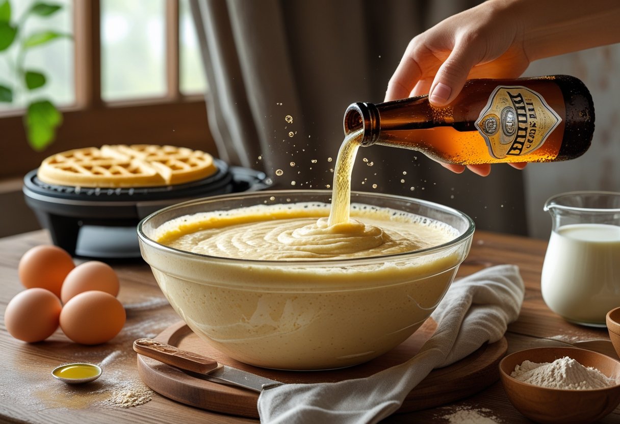 Une cuisine avec un bol de pâte à gaufre dans lequel de la bière est versée, entouré d'ingrédients et d'un gaufrier en arrière-plan.