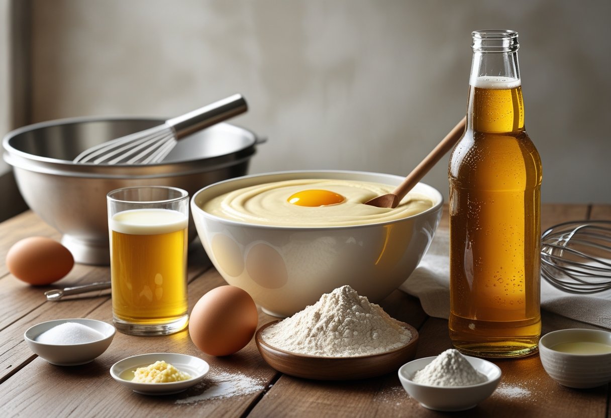 Ingrédients essentiels pour une pâte à gaufre à la bière disposés sur une table en bois, comprenant une bouteille de bière, des œufs, de la farine, du lait, du beurre fondu et du sucre.