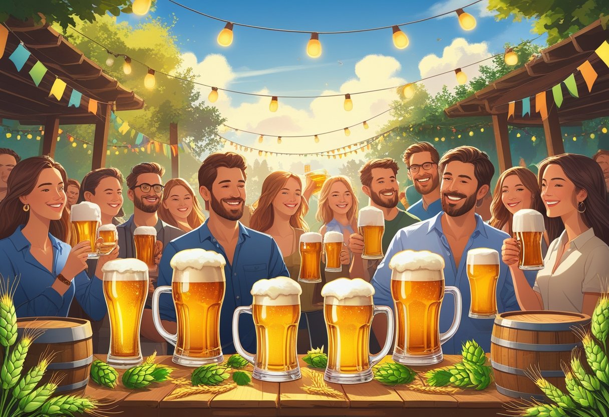 Des personnes profitant d'un festival de bière en plein air avec des verres et des tonneaux de bière, entourées de décorations festives et de plantes.