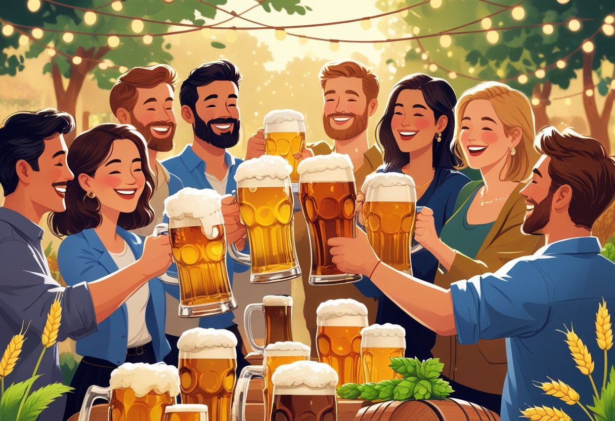 Un groupe de personnes souriantes trinquant avec des verres de bière dans un cadre extérieur festif avec des éléments de culture de la bière autour d'eux.