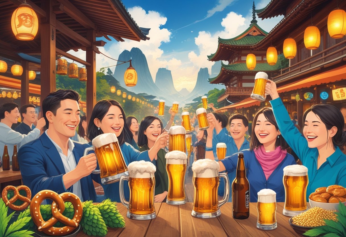 Des personnes de différentes cultures célèbrent la journée mondiale de la bière en partageant des boissons dans des environnements festifs variés.