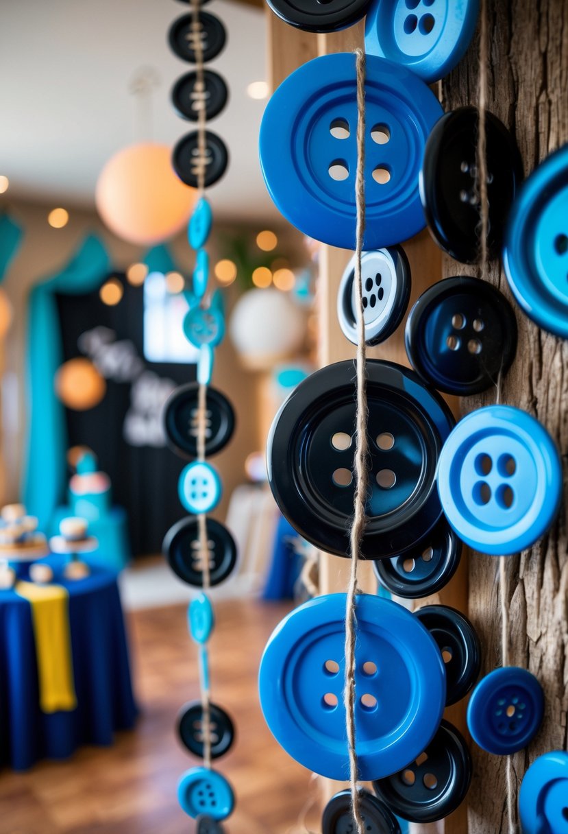A birthday party setup with large black and blue button garlands hanging as decorations.