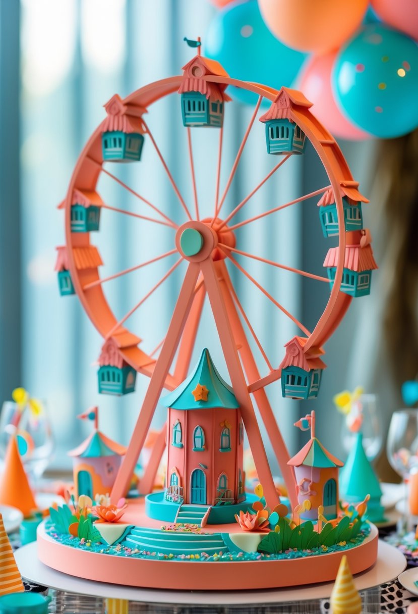 A colorful 3D Ferris wheel centerpiece on a decorated birthday party table with themed balloons and small figurines around it.
